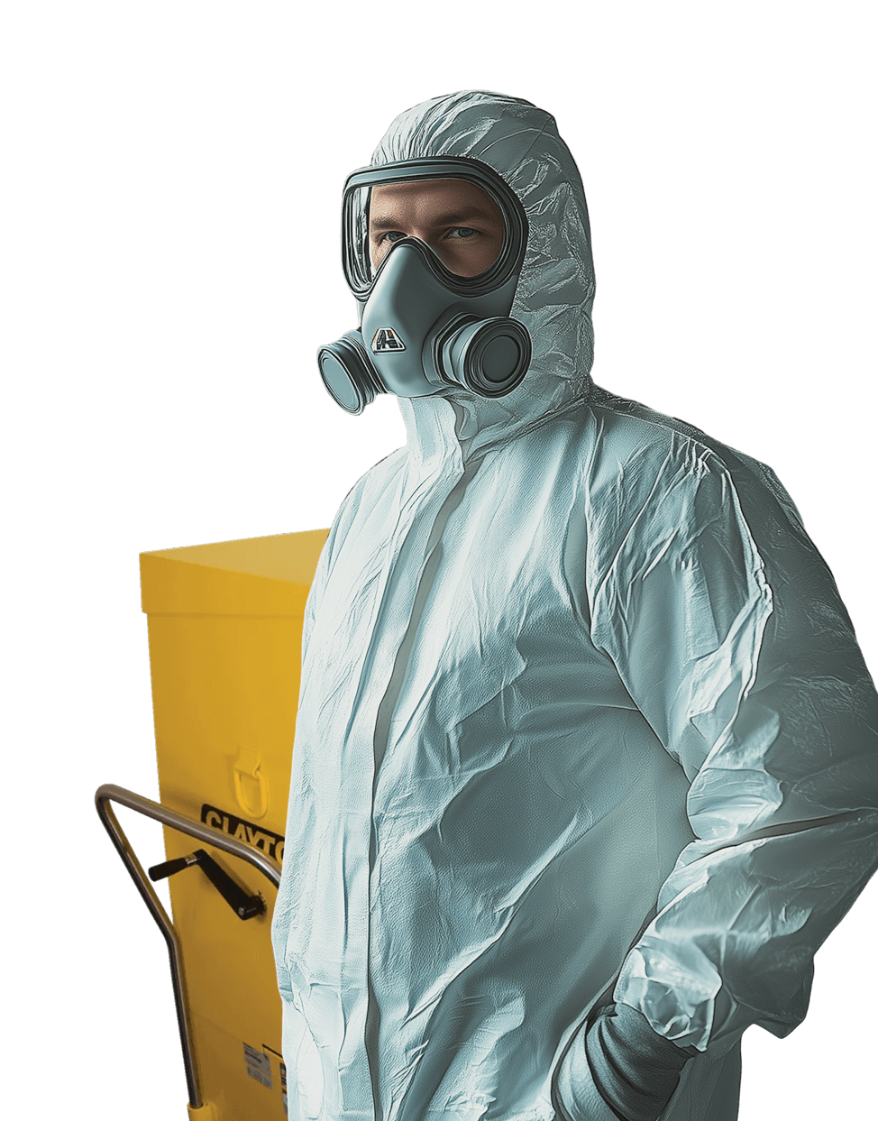 A person in a protective suit with a DustMaster machine.